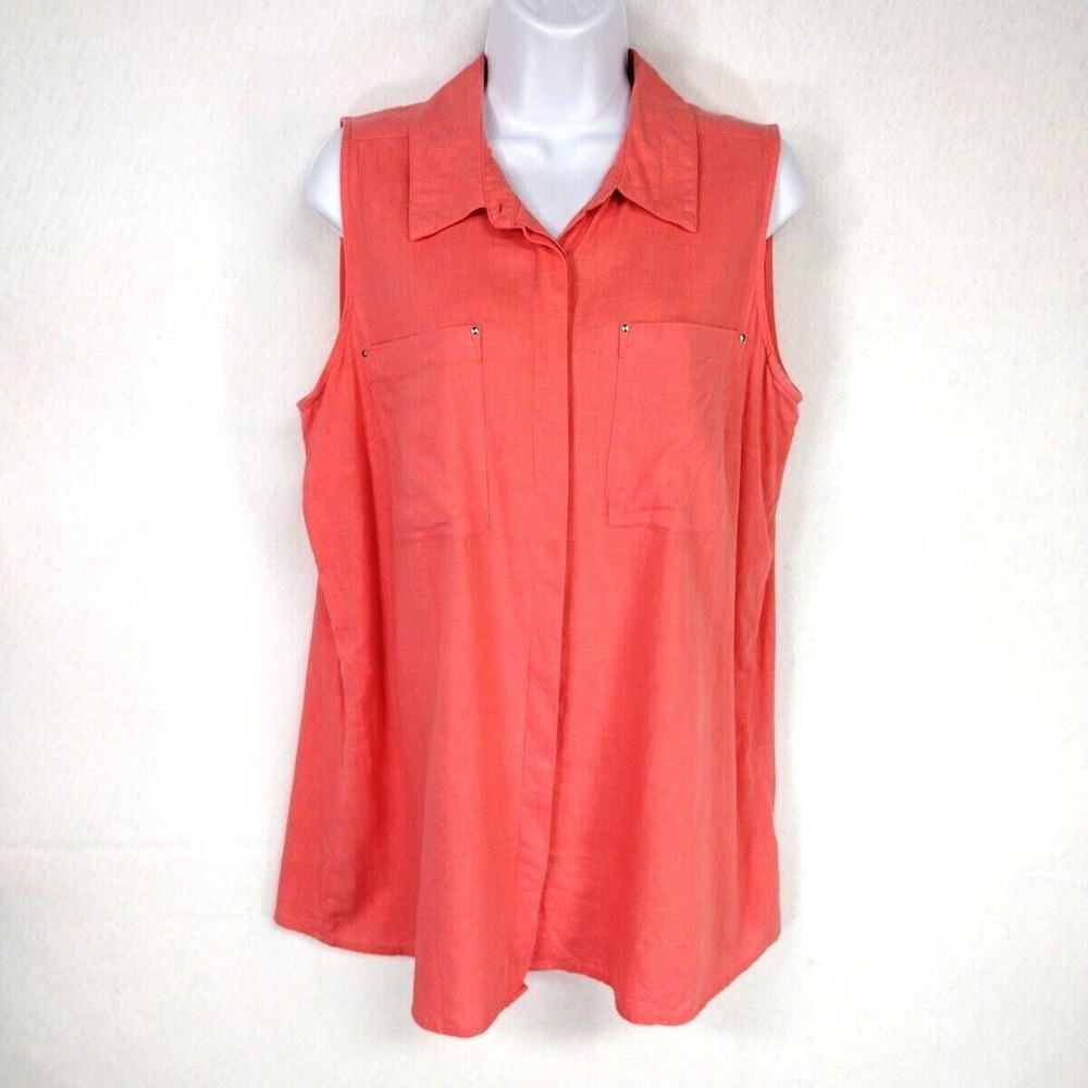 Dana Buchman Shirt Women Large Linen Blend Top Sleeveless Hidden Button Up Coral